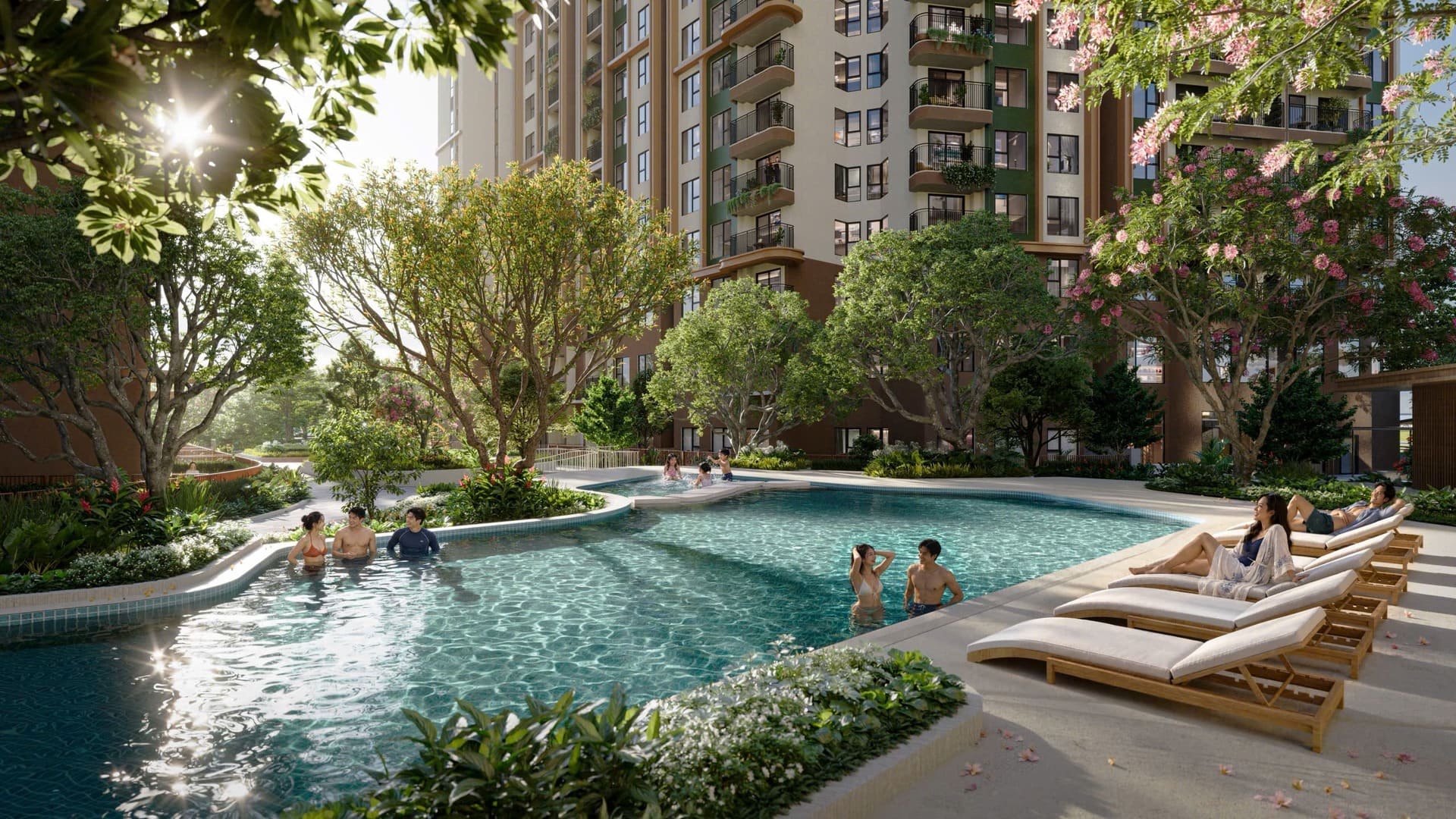 Hồ bơi cảnh quan nội khu Norton Park với ghế tắm nắng và hàng cây xanh