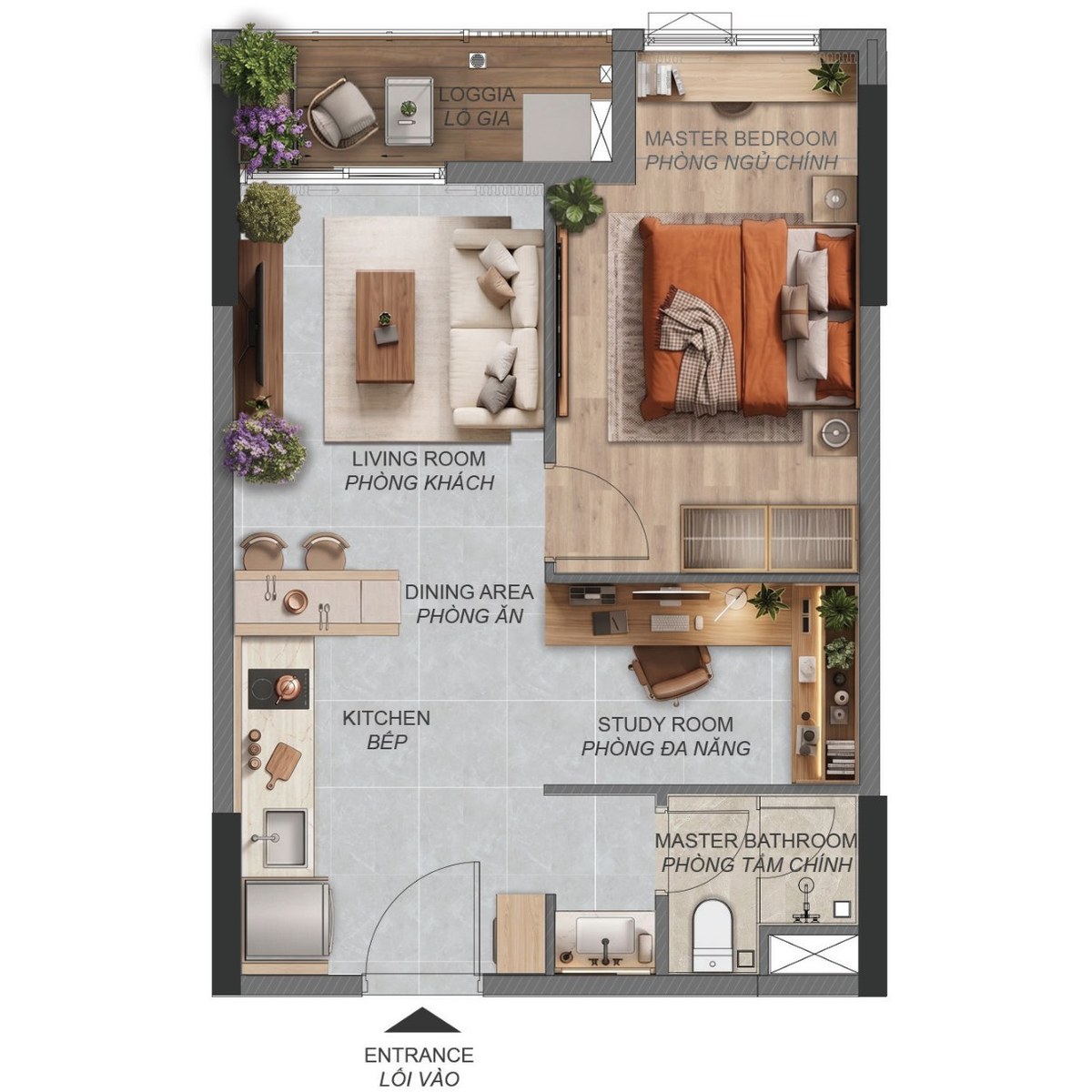 Mặt bằng căn hộ 1 phòng ngủ+ A1.1a Norton Park, diện tích sàn 50,65 m²