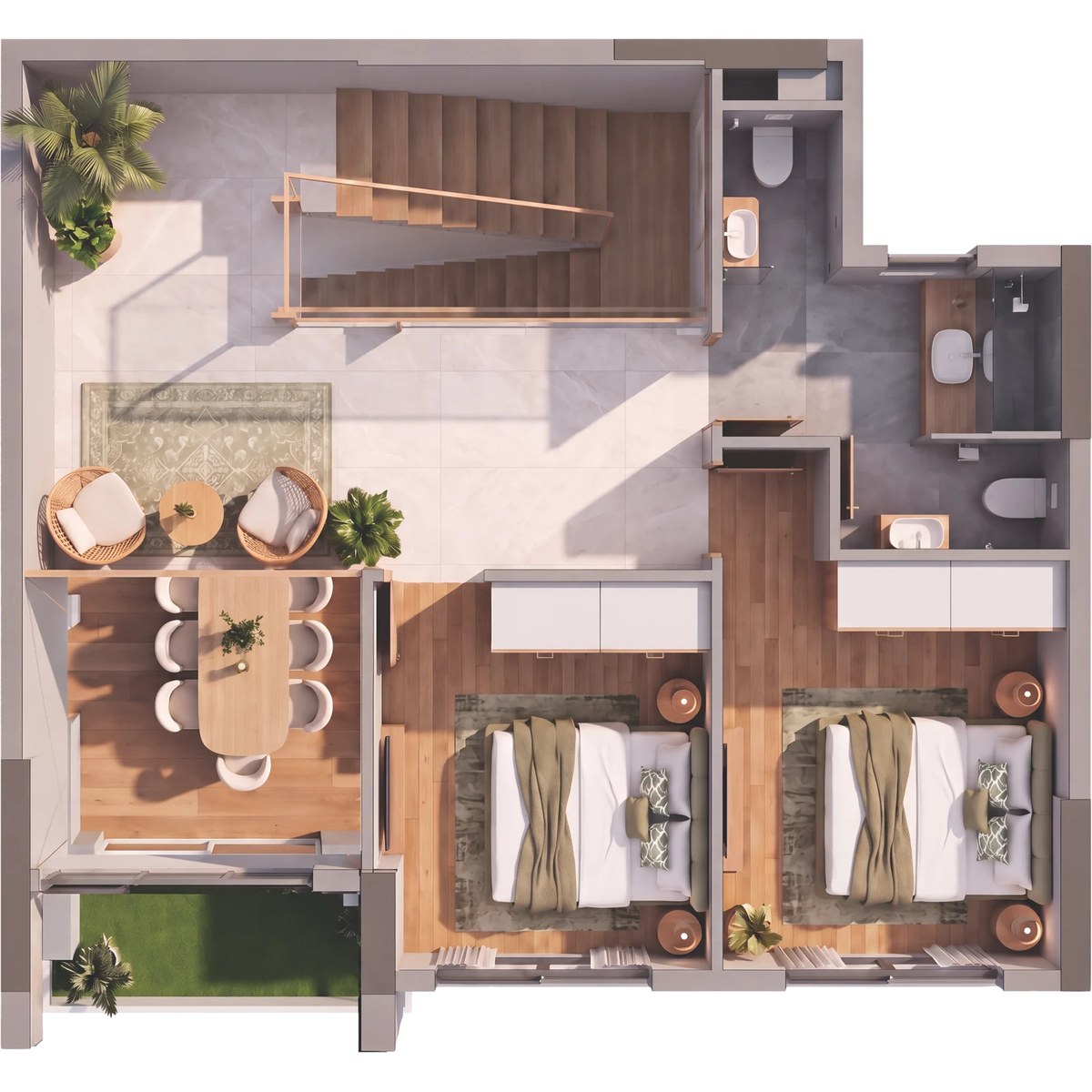 Mặt bằng tầng 2 căn Duplex D2.1c Norton Park, diện tích sàn 61,03 m²