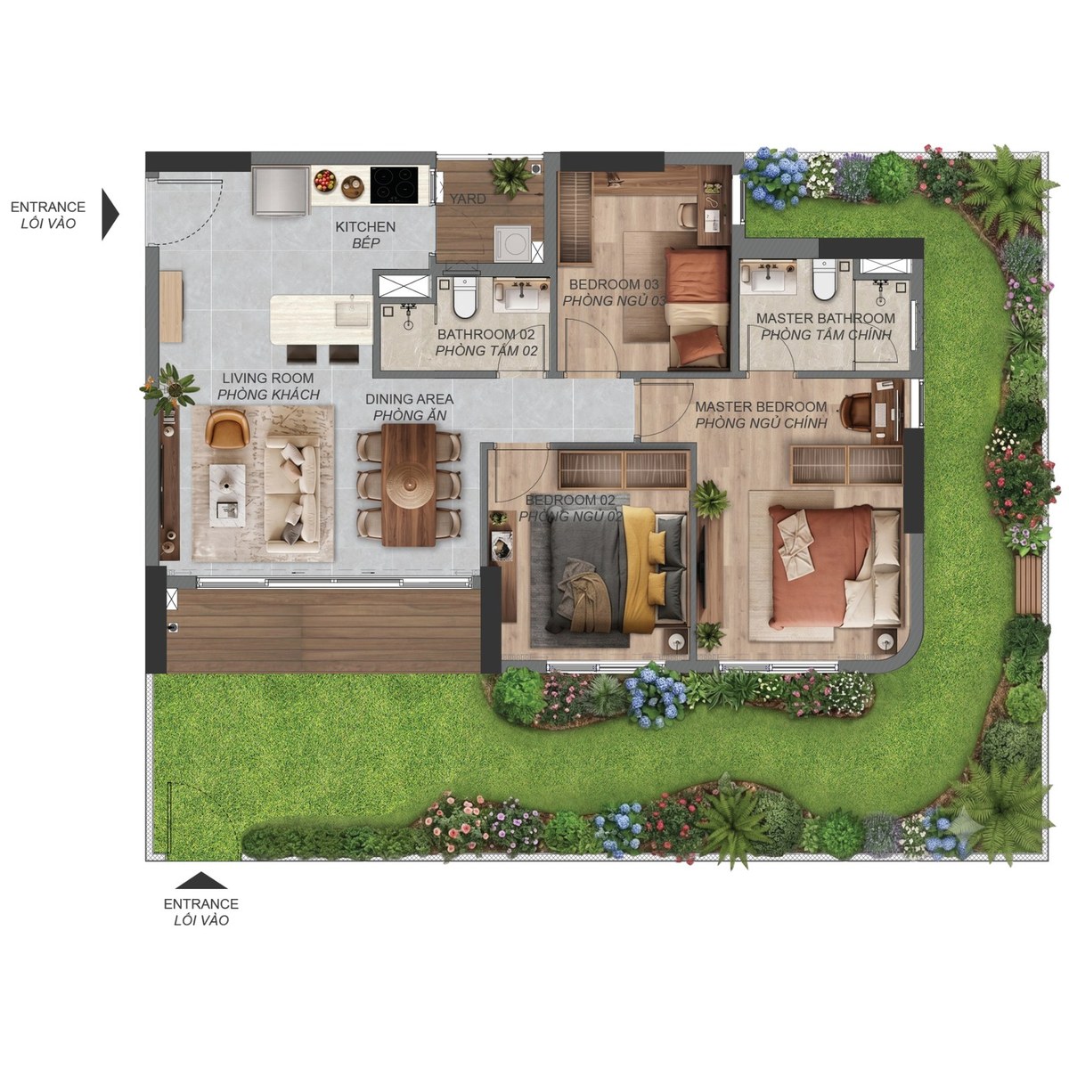Mặt bằng căn hộ sân vườn C3.1c.PES Norton Park, diện tích sàn 95,44 m², sân vườn 64 m²