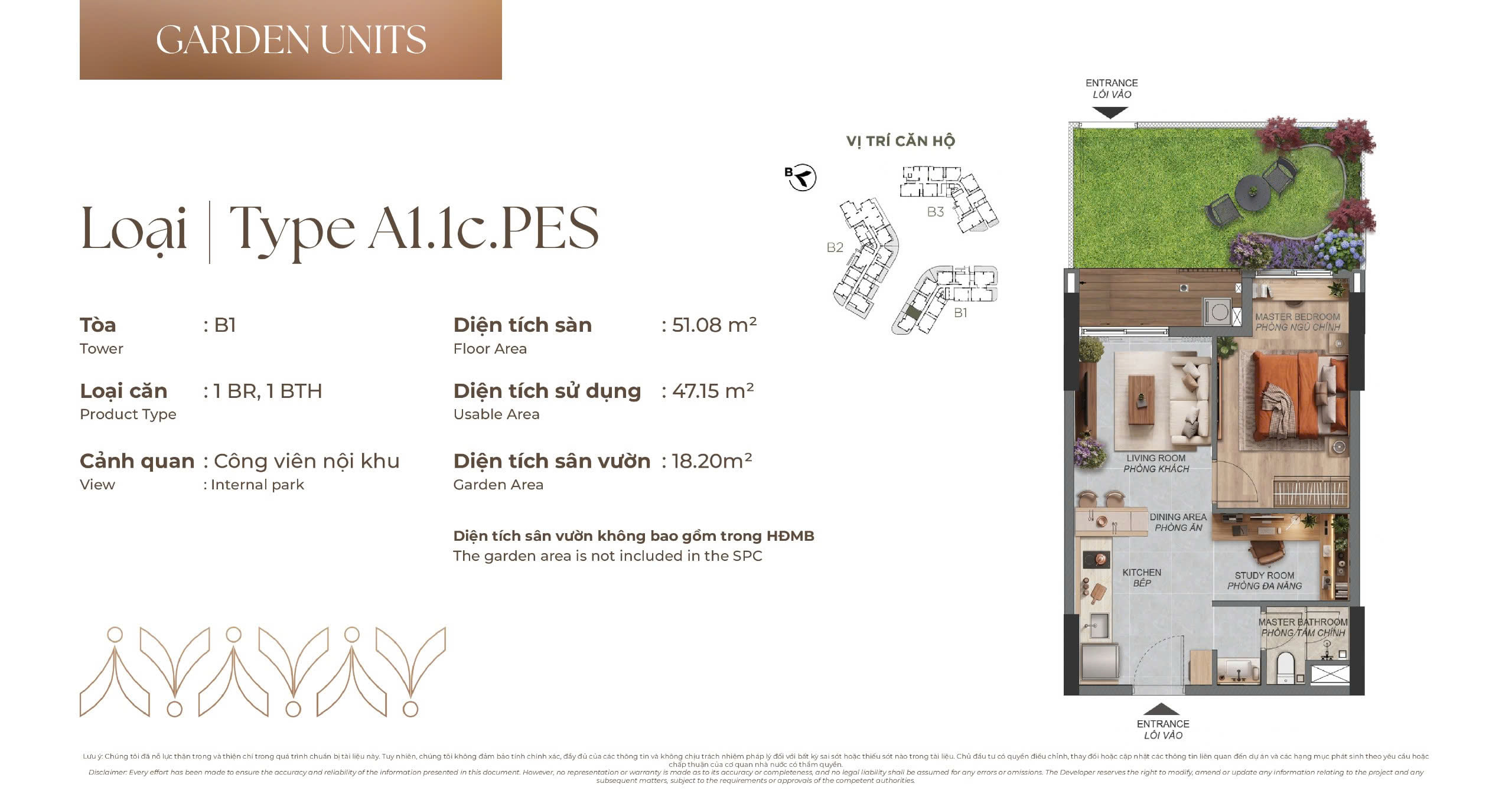Mặt bằng Căn hộ sân vườn A1.1c.PES tòa B1 Norton Park, diện tích sàn 51,08 m², diện tích sử dụng 47,15 m², sân vườn 18,20 m²