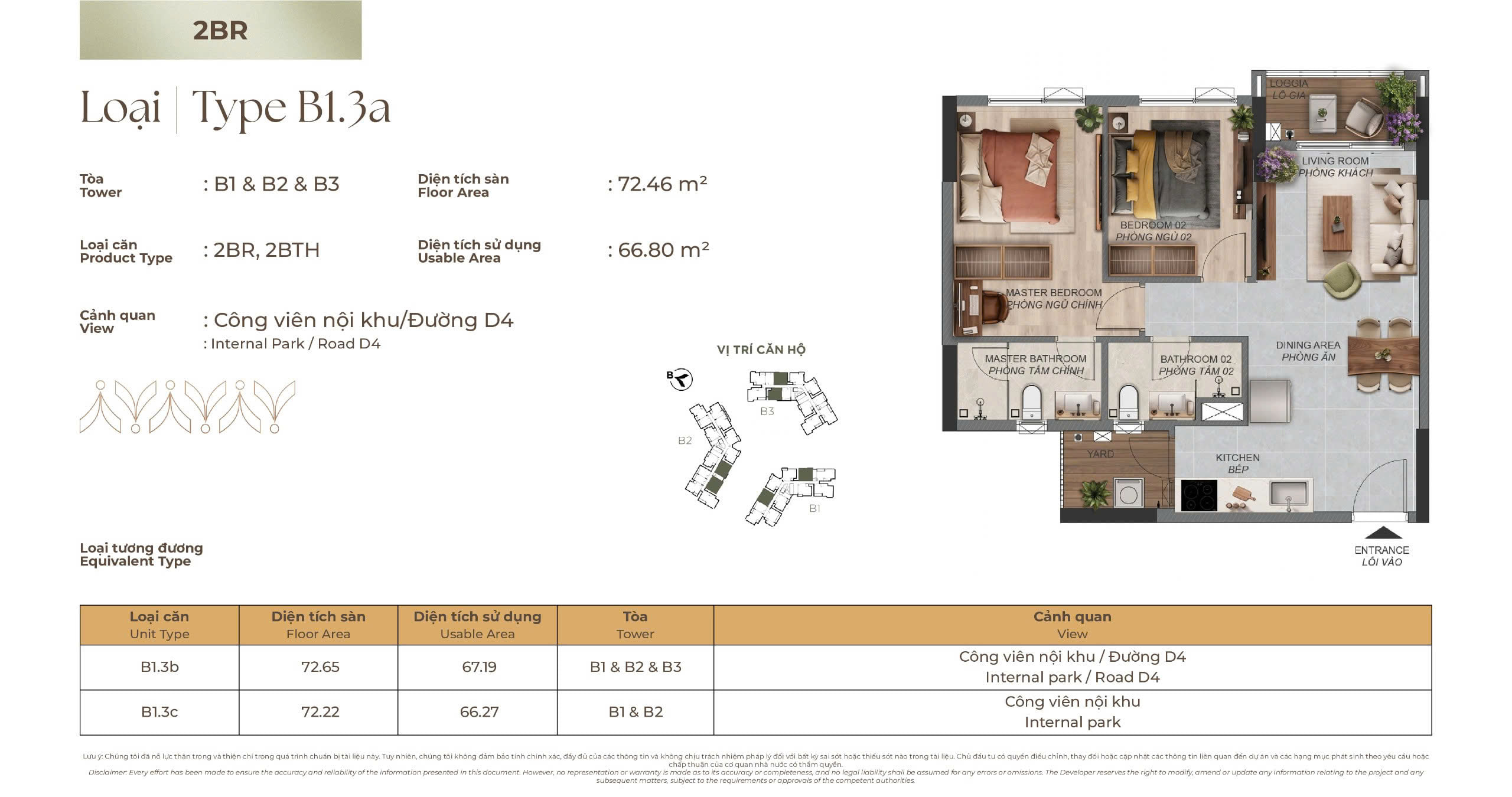 Mặt bằng Căn hộ 2 phòng ngủ B1.3a tòa B1, B2 & B3 Norton Park, diện tích sàn 72,46 m², diện tích sử dụng 66,80 m²
