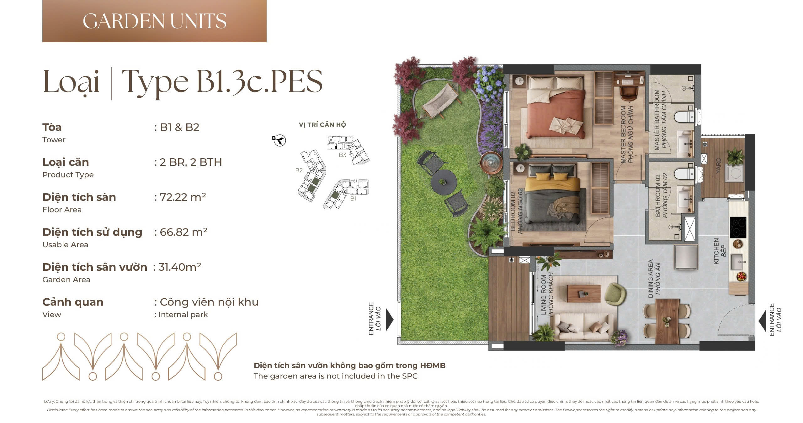 Mặt bằng Căn hộ sân vườn B1.3c.PES tòa B1 & B2 Norton Park, diện tích sàn 72,22 m², diện tích sử dụng 66,82 m², sân vườn 31,40 m²