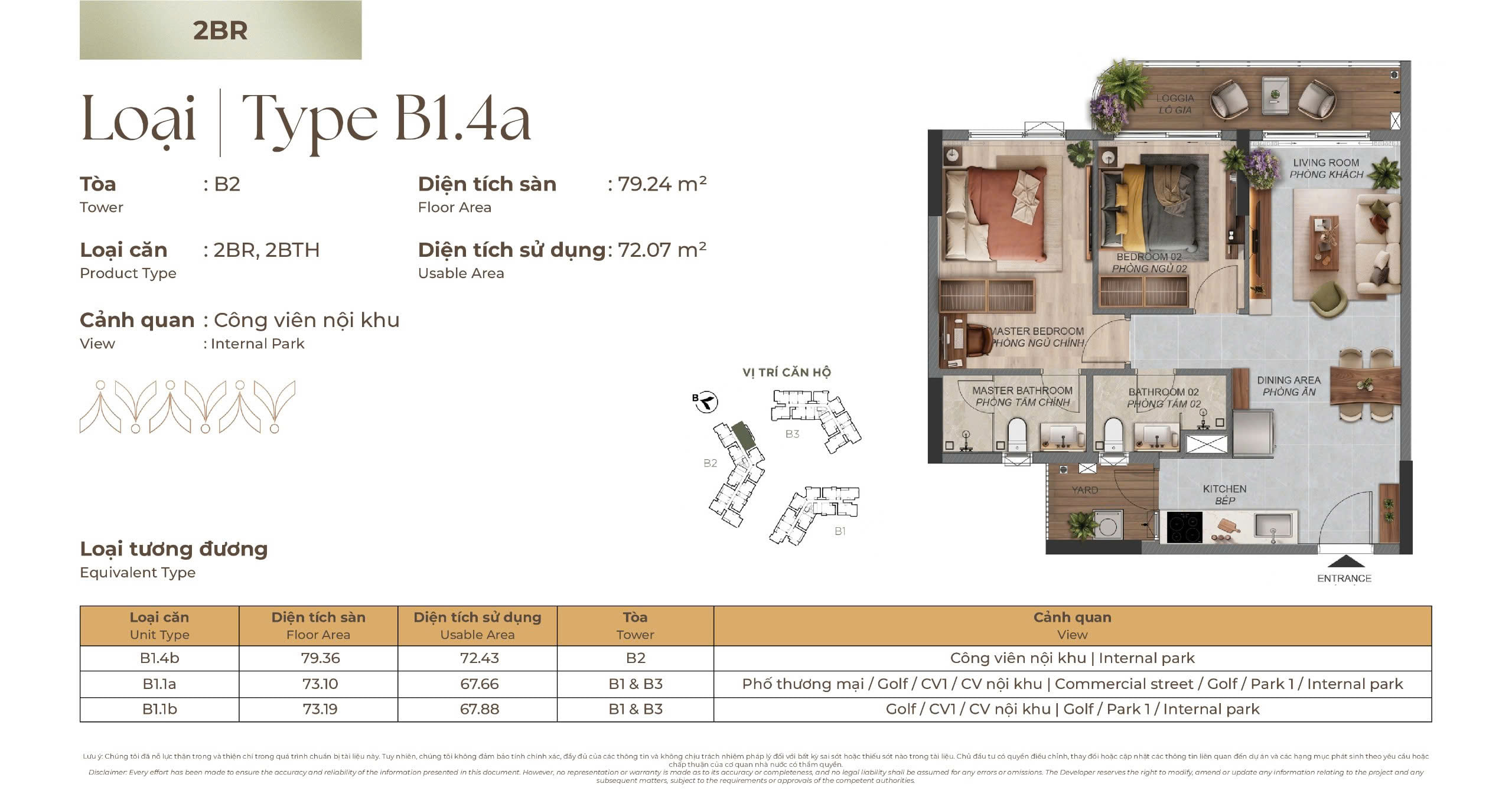 Mặt bằng Căn hộ 2 phòng ngủ B1.4a tòa B2 Norton Park, diện tích sàn 79,24 m², diện tích sử dụng 72,07 m²