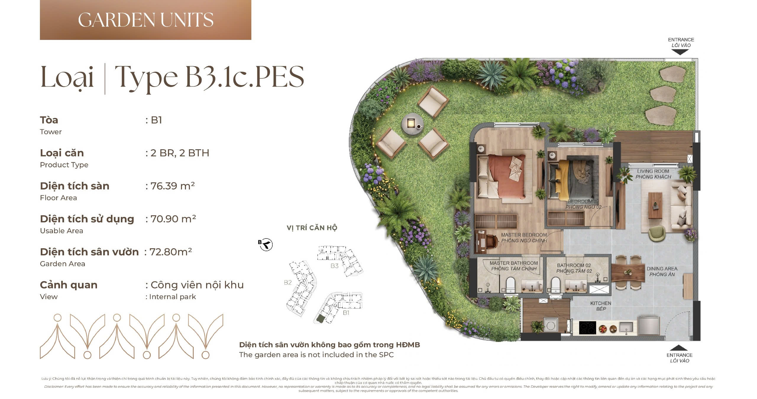 Mặt bằng Căn hộ sân vườn B3.1c.PES tòa B1 Norton Park, diện tích sàn 76,39 m², diện tích sử dụng 70,90 m², sân vườn 72,80 m²