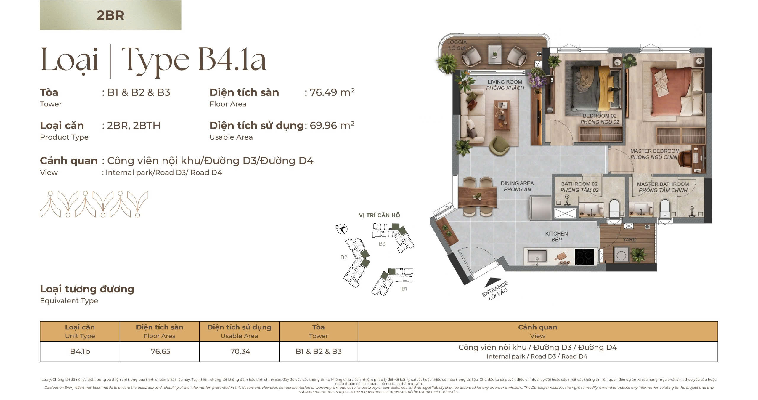 Mặt bằng Căn hộ 2 phòng ngủ B4.1a tòa B1, B2 & B3 Norton Park, diện tích sàn 76,49 m², diện tích sử dụng 69,96 m²