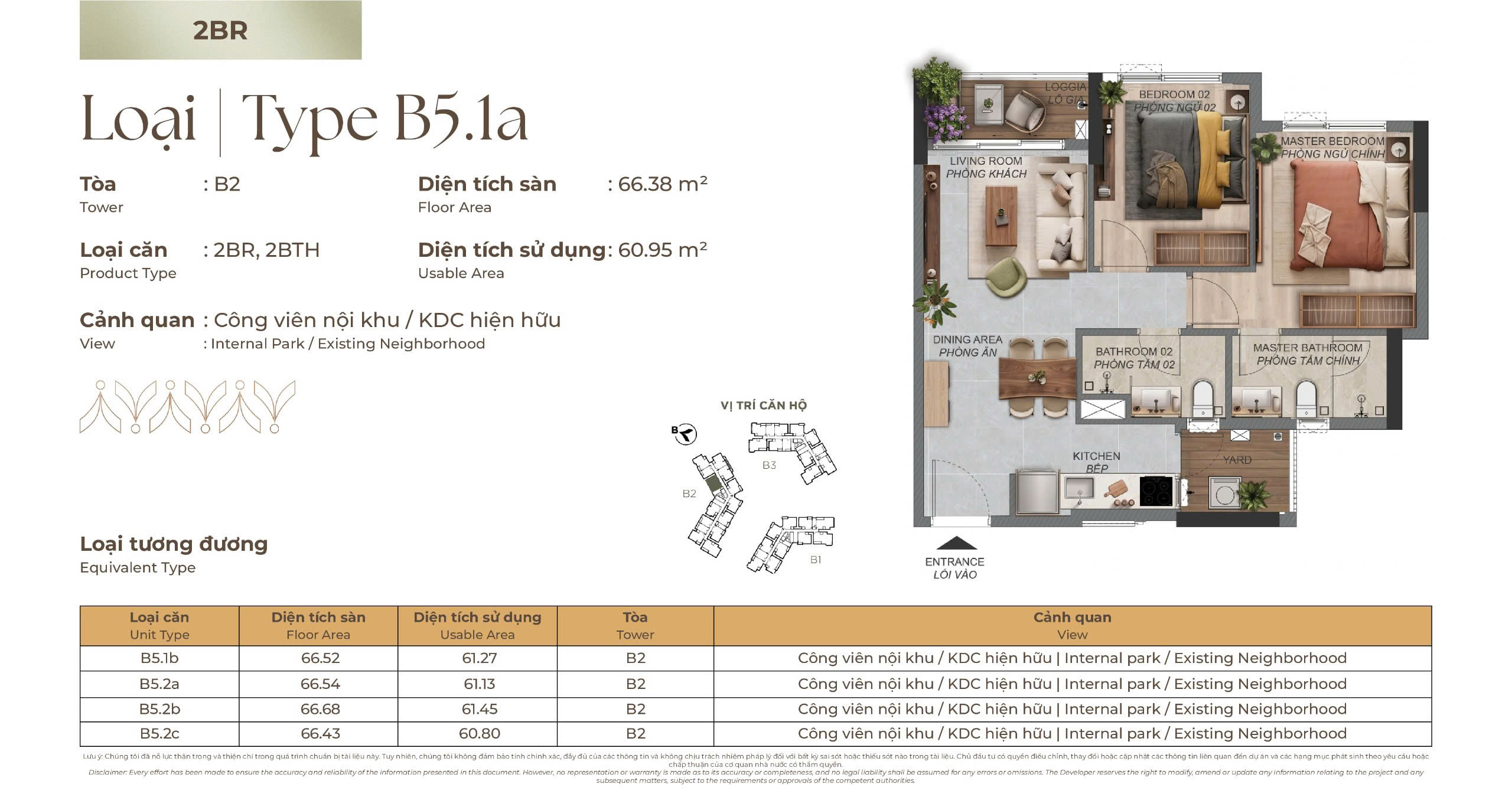Mặt bằng Căn hộ 2 phòng ngủ B5.1a tòa B2 Norton Park, diện tích sàn 66,38 m², diện tích sử dụng 60,95 m²