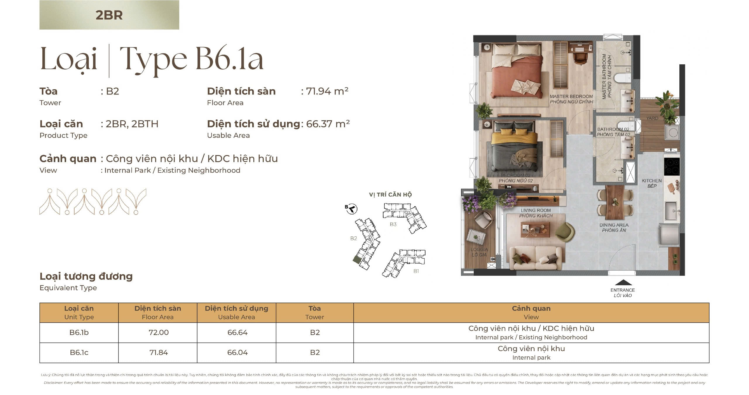 Mặt bằng Căn hộ 2 phòng ngủ B6.1a tòa B2 Norton Park, diện tích sàn 71,94 m², diện tích sử dụng 66,37 m²
