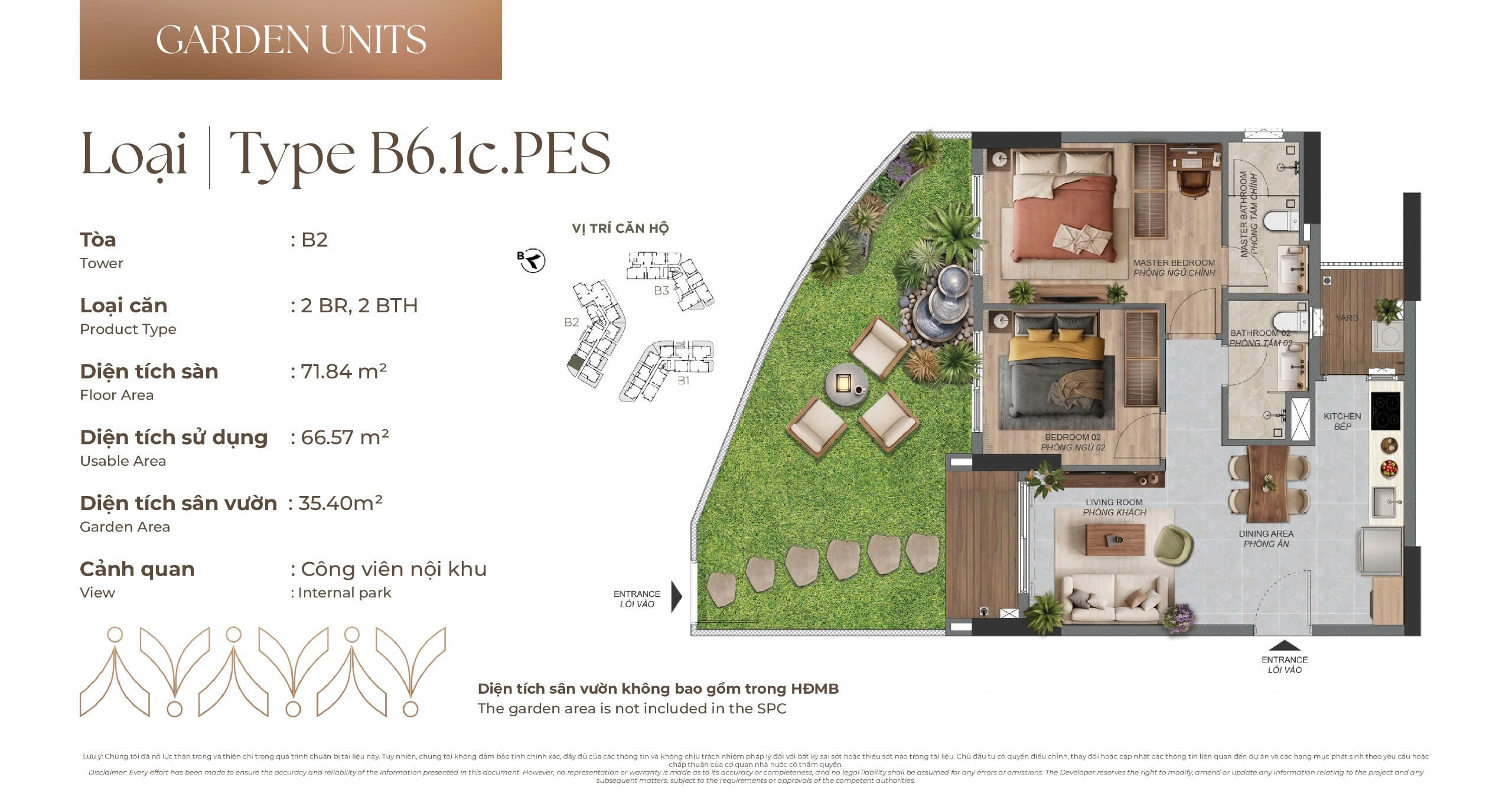 Mặt bằng Căn hộ sân vườn B6.1c.PES tòa B2 Norton Park, diện tích sàn 71,84 m², diện tích sử dụng 66,57 m², sân vườn 35,40 m²