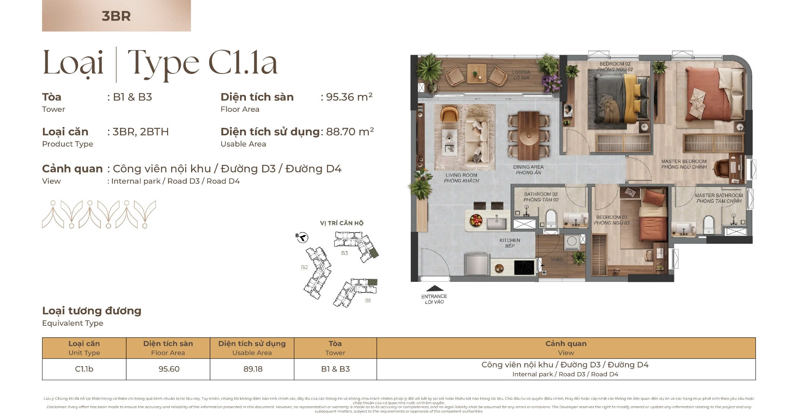 Mặt bằng Căn hộ 3 phòng ngủ C1.1a tòa B1 & B3 Norton Park, diện tích sàn 95,36 m², diện tích sử dụng 88,70 m²