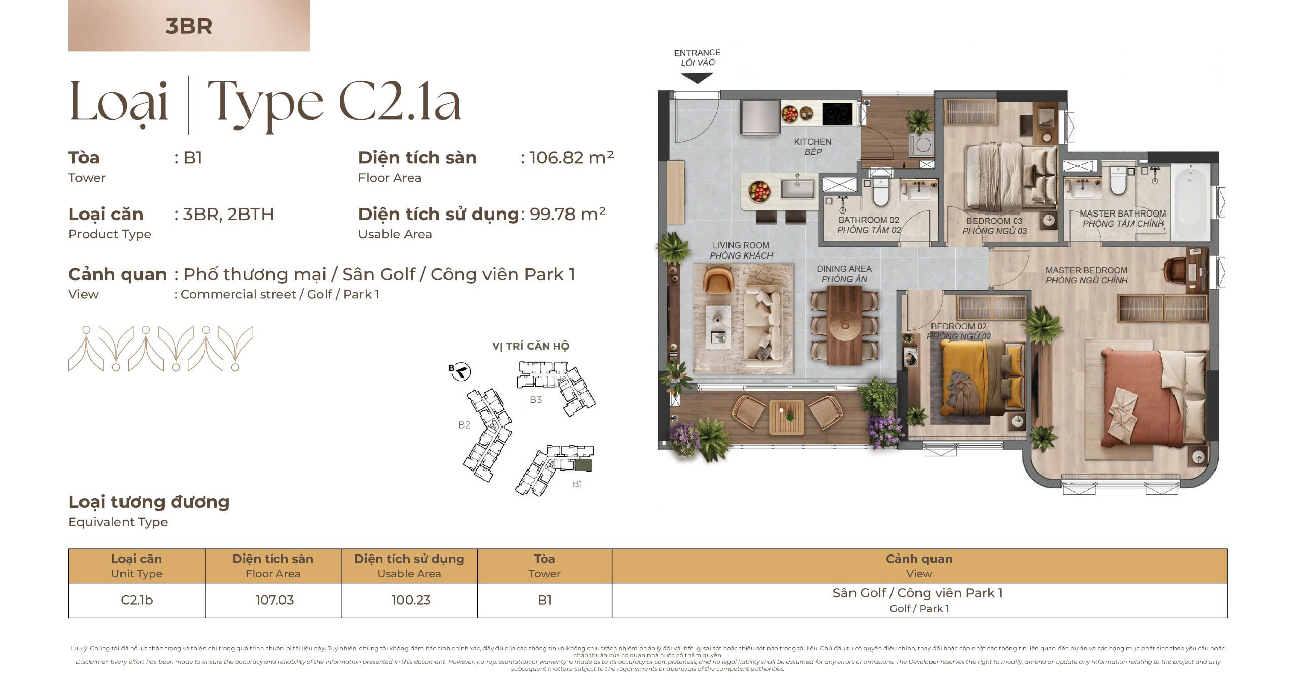 Mặt bằng Căn hộ 3 phòng ngủ C2.1a tòa B1 Norton Park, diện tích sàn 106,82 m², diện tích sử dụng 99,78 m²