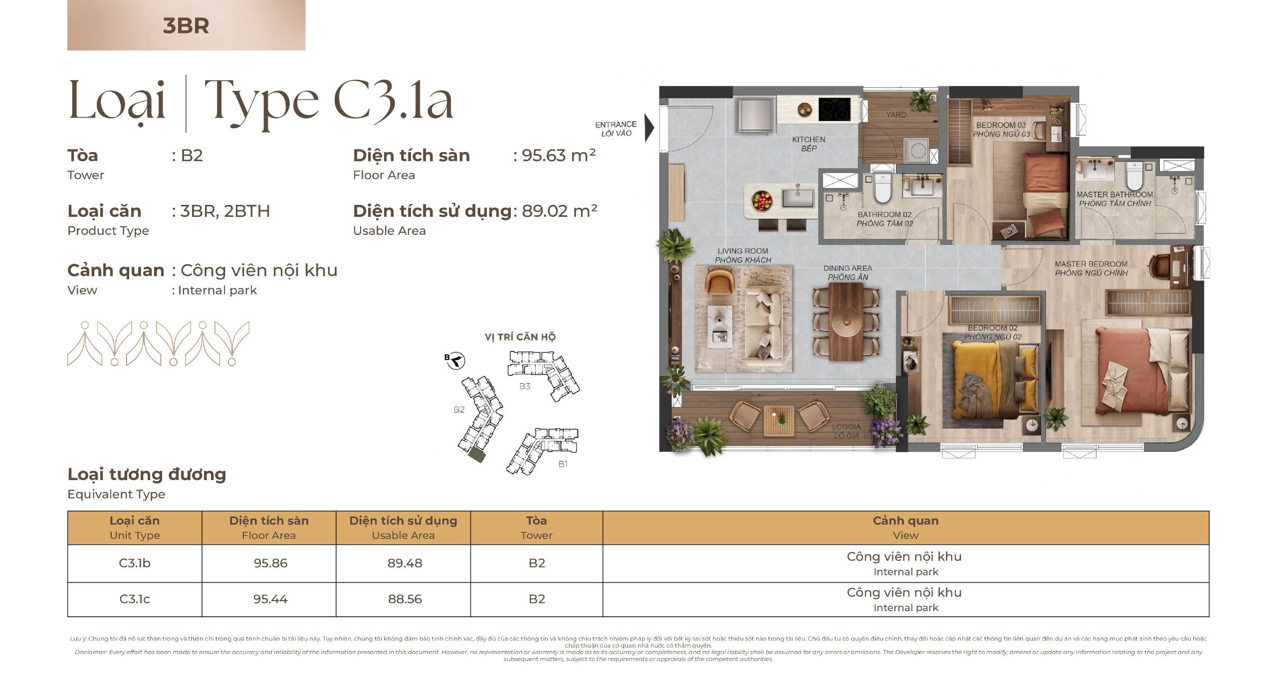 Mặt bằng Căn hộ 3 phòng ngủ C3.1a tòa B2 Norton Park, diện tích sàn 95,63 m², diện tích sử dụng 89,02 m²