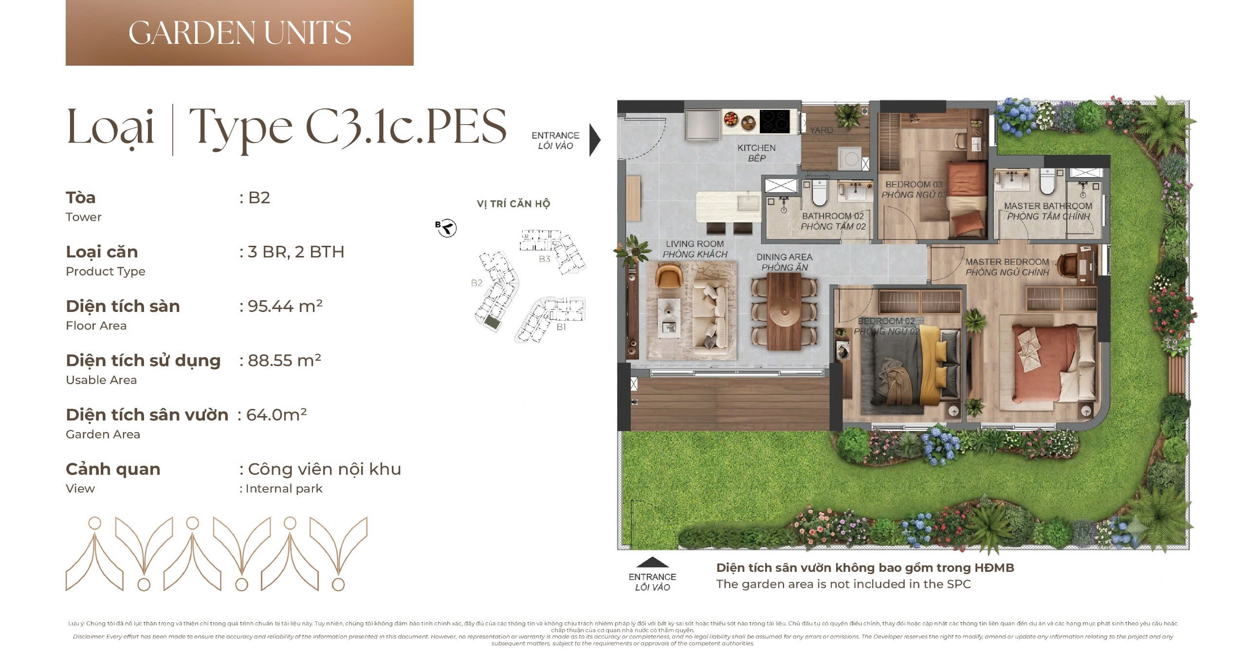 Mặt bằng Căn hộ sân vườn C3.1c.PES tòa B2 Norton Park, diện tích sàn 95,44 m², diện tích sử dụng 88,55 m², sân vườn 64,00 m²