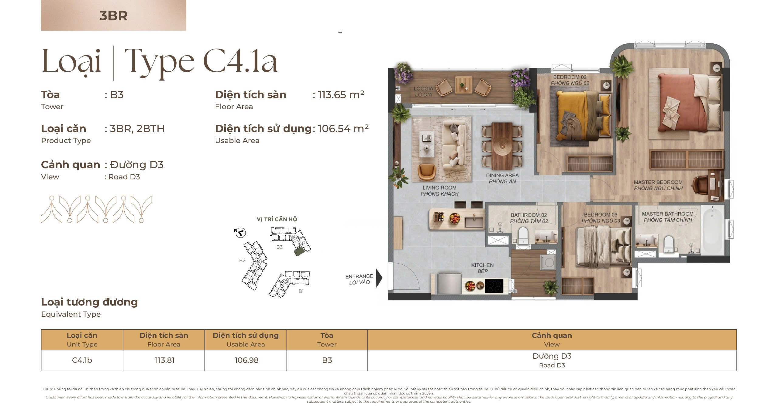 Mặt bằng Căn hộ 3 phòng ngủ C4.1a tòa B3 Norton Park, diện tích sàn 113,65 m², diện tích sử dụng 106,54 m²