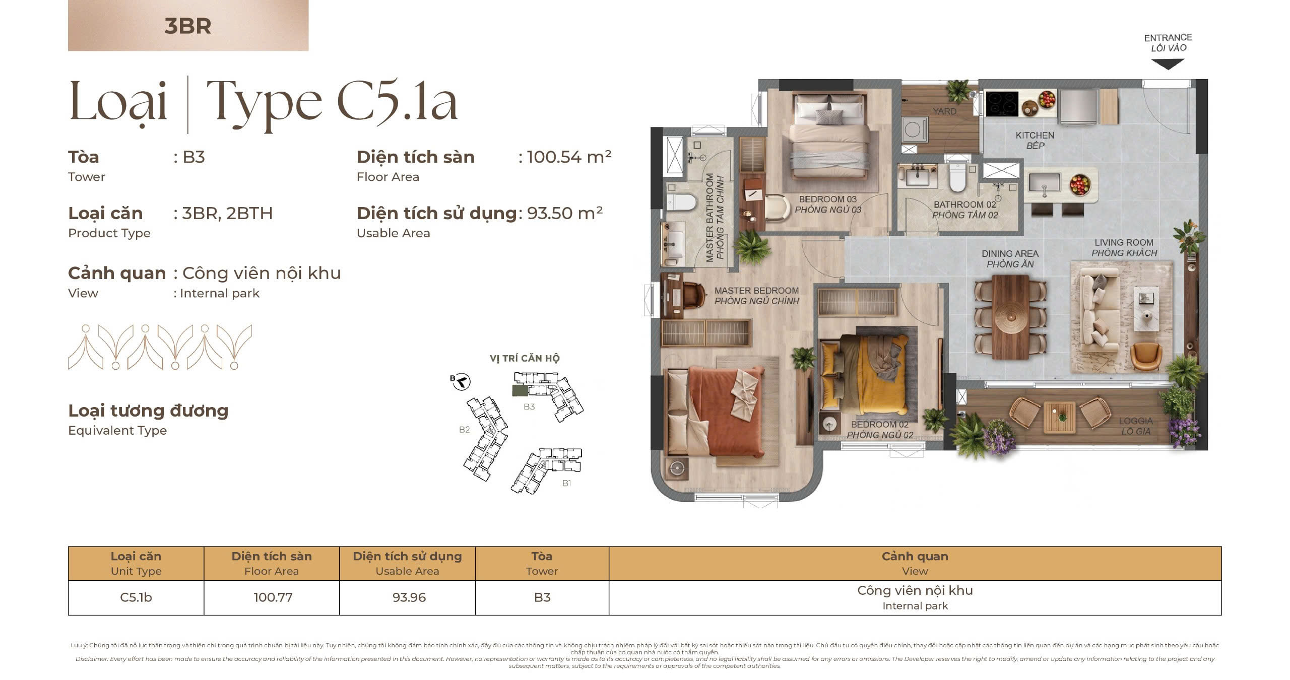Mặt bằng Căn hộ 3 phòng ngủ C5.1a tòa B3 Norton Park, diện tích sàn 100,54 m², diện tích sử dụng 93,50 m²