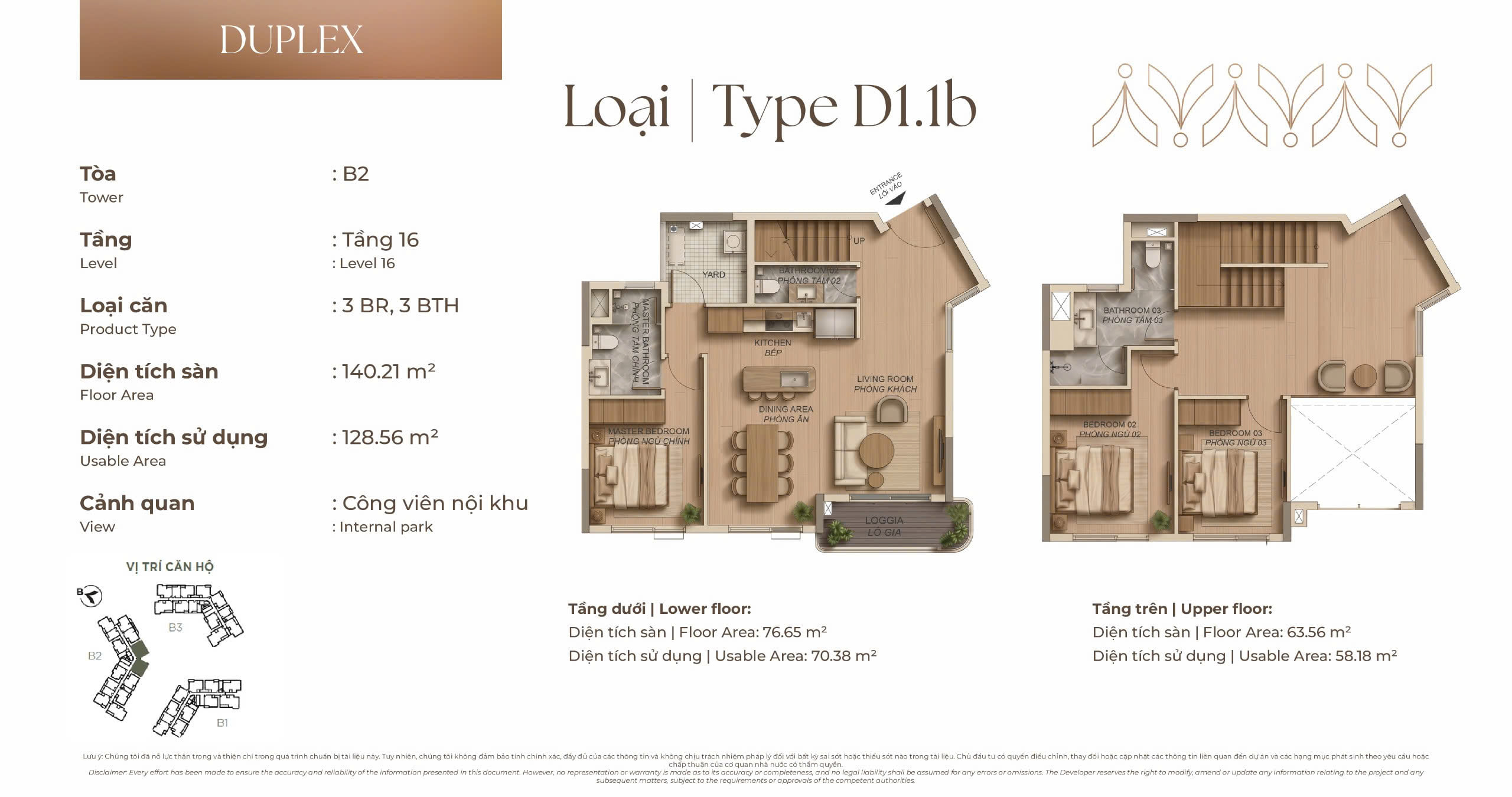 Mặt bằng Căn hộ Duplex D1.1b tòa B2 Norton Park, diện tích sàn 140,21 m², diện tích sử dụng 128,56 m²