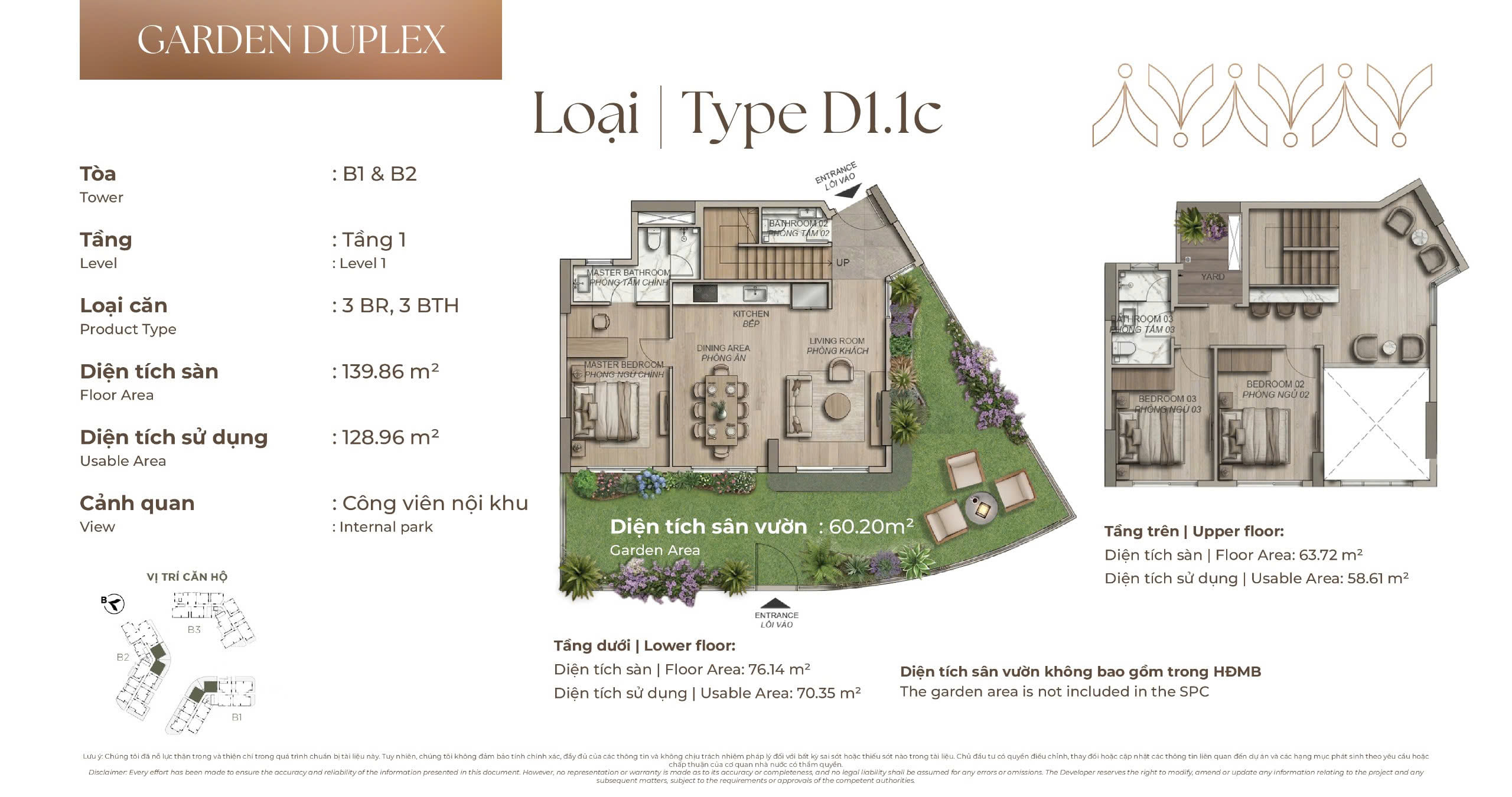 Mặt bằng căn hộ Duplex sân vườn D1.1c tòa B1 & B2 Norton Park, diện tích sàn 139,86 m², diện tích sử dụng 128,96 m², sân vườn 60,20 m²