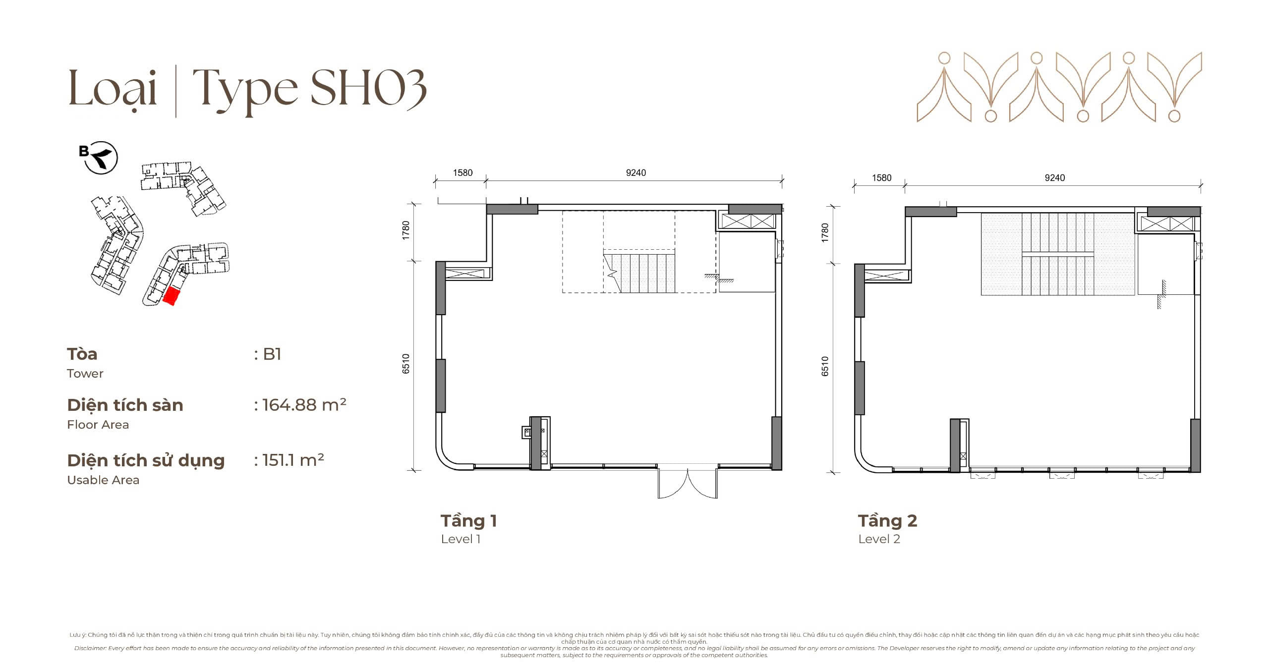 Mặt bằng Podium Shop SH03 tòa B1 Norton Park, diện tích sàn 164,88 m², diện tích sử dụng 151,10 m²