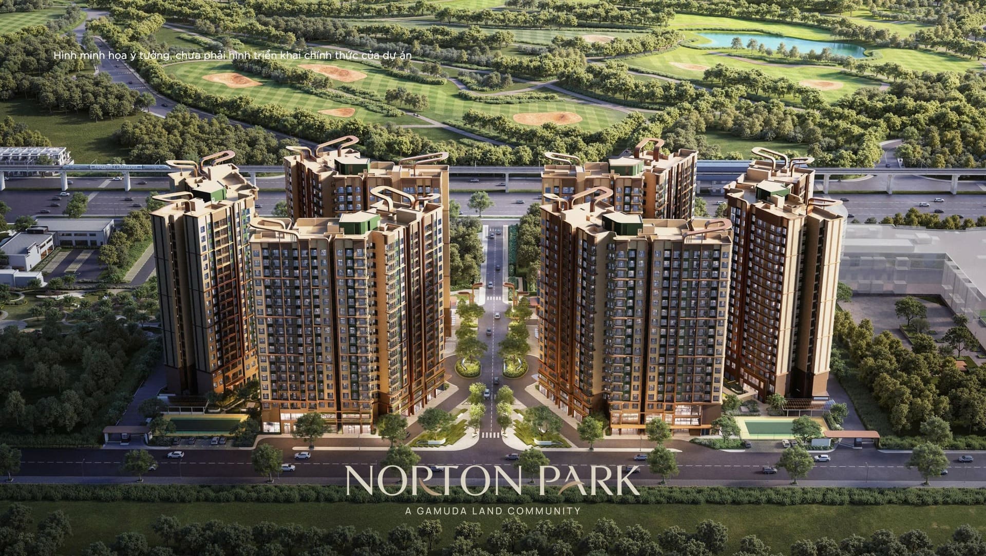Phối cảnh trên cao 6 tòa tháp Norton Park cạnh sân golf Sông Bé